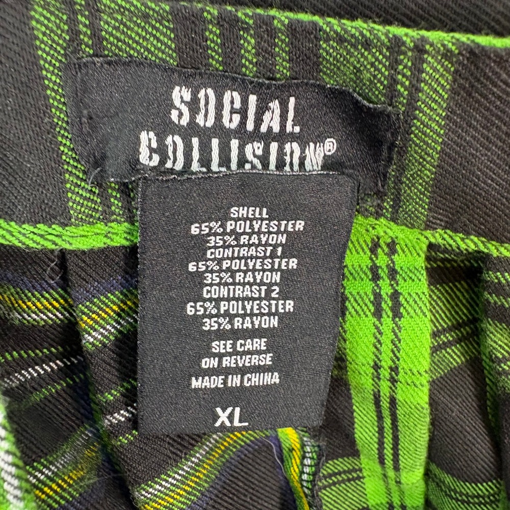 Social Collision Mixed Plaid Pleated Mini Skirt Green Womens XL Punk Grunge Goth - Picture 4 of 5
